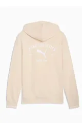 Canguro Puma modelo Class Graphic Hoodie, color crudo con capucha y bolsillo tipo canguro. Presenta un estampado en la espalda con el logo de la marca y la inscripción "Puma Athletics Since 1948".