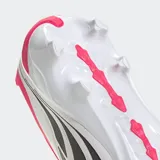 Championes de fútbol Adidas Predator League para terreno firme, con diseño en color fucsia y blanco con las icónicas tres tiras en negro. Presentan tecnología Nanostrike en la parte superior para mayor ligereza y placa Strikeframe para una tracción superior.