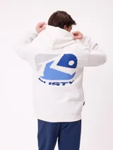 Canguro blanco con capucha y cordones ajustables. Presenta un estampado grande en la espalda con formas abstractas en tonos de azul y gris, y la palabra "RUSTY" en azul.