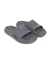 Sandalias Under Armour modelo Locker V, de diseño ergonómico moldeado en una sola pieza de EVA color gris. Presentan orificios de drenaje laterales y el logo de la marca en relieve sobre la banda superior.