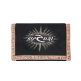 Billetera negra de pana con logo Rip Curl bordado y ribete con motivos geométricos.