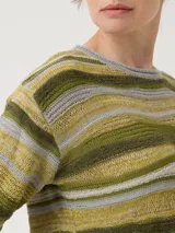 Sweater de punto con diseño de rayas horizontales orgánicas en tonos verde, amarillo y gris. Presenta cuello redondo y mangas largas con puños acanalados.