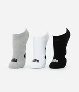 Pack de tres pares de medias invisibles Puma, confeccionadas en algodón suave. Incluye un par gris, uno blanco y uno negro, todos con el logo de la marca estampado en la puntera.