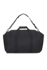 Bolso deportivo tipo duffel bag, color negro y gris, con correas de mano y correa ajustable para hombro. Presenta el texto "discovery" estampado en blanco en la parte superior y en espejo en la parte inferior sobre un panel gris.