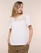 Blusa blanca de textura gofrada, de corte recto y semi holgado, con mangas cortas y escote redondo adornado con un canesú frontal en crochet calado.