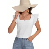 Blusa de color amarillo con textura fruncida, cuello cuadrado y mangas cortas con volados.