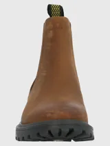 Bota tipo Chelsea de cuero descarne color marrón, con paneles laterales elásticos negros y suela de goma dentada negra con tecnología de amortiguación.