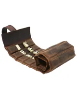 Juego de dominó RKF con estuche enrollable de cuero marrón y 28 fichas clásicas. Incluye bolsa de algodón reciclado para guardar.