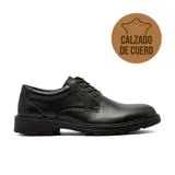 Zapato casual de cuero negro con cordones, diseño de corte bajo y suela de goma con relieve.