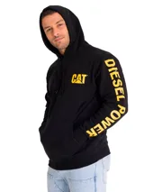 Buzo tipo canguro con capucha ajustable, color negro con estampado del logo CAT en el pecho y la frase Diesel Power en la manga izquierda en color amarillo. Cuenta con bolsillo frontal y puños acanalados.
