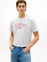 Remera de manga corta gris melange con cuello redondo, confeccionada en algodón regenerativo. Presenta un logo gráfico bordado en rojo en el pecho y el detalle de la bandera de la marca bordada en la manga.
