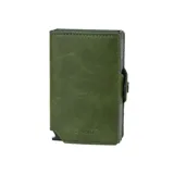 Billetera compacta de cuero genuino color verde con doble caja de aluminio incorporada. Cuenta con sistema de deslizamiento para tarjetas, espacio para billetes y protección RFID.