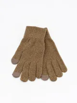 Guantes de punto con acabado brillante, color marrón, con detalle de puntas en color contrastante.