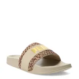 Sandalias Puma Leadcat 2.0 Animal Flair color beige con estampado animal print y logo dorado.