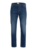 Jean de corte tapered fit con tiro medio, confeccionado en denim con efecto lavado. Presenta diseño clásico de cinco bolsillos, cierre con cremallera y costuras reforzadas.