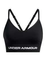 Top deportivo de bajo impacto Under Armour, confeccionado en tejido sin costuras con ventilación estratégica. Presenta escote en V, tirantes finos ajustables con diseño de espalda cruzada y banda elástica inferior con el logo de la marca estampado.