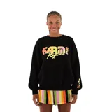 Buzo de cuello redondo y corte oversize, color negro, con estampa frontal multicolor con el logo de la marca y detalle en la manga.