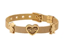 Pulsera dorada de acero con dije central en forma de corazón con la palabra "mamá" y dos dijes laterales con forma de niño y niña.