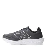 Championes de running New Balance modelo 680 v8, color gris con detalles en negro y suela en tono verde claro. Presentan capellada de tejido knit transpirable, logo lateral característico y mediasuela con tecnología Fresh Foam para mayor amortiguación.