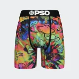 Calzoncillos bóxer estampados con hongos de colores sobre fondo tie-dye. Cuenta con pretina elástica negra con logo de la marca.