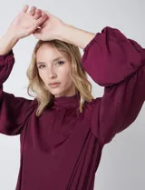 Blusa de gasa satén color bordó, marca Tahari, con cuello alto fruncido y mangas largas abullonadas con puños elásticos. La espalda tiene una abertura central con cierre de botón.