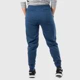 Pantalón deportivo tipo jogging de color azul marino, con cintura elástica ajustable con cordón y puños ajustados en los tobillos. Presenta un pequeño logo bordado en blanco en la parte superior del muslo.