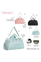 Bolso deportivo color verde agua con múltiples compartimentos con cierre, asas superiores y correa de hombro ajustable. Posee un bolsillo frontal con cierre, un bolsillo lateral de malla y el logo de la marca Trendy en el frente.