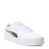 Championes Puma modelo Carina 3.0, de diseño urbano con plataforma. Presentan un acabado en color blanco con detalles metalizados en el logo lateral y la lengüeta.