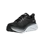 Championes de running Hoka modelo Bondi 8, color negro con detalles en gris y blanco. Presentan una suela de gran amortiguación y diseño ergonómico para mayor comodidad.