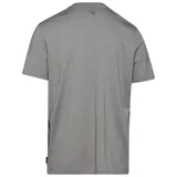 Remera de algodón color gris con cuello redondo, manga corta y bolsillo frontal en el pecho.