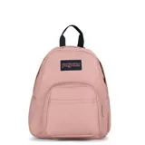 Mochila Jansport Half Pint color rosa con logo de la marca en el frente, asa de mano superior y bolsillo frontal con cierre.