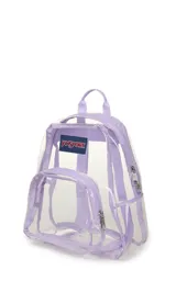 Mochila mini transparente de la marca JanSport con ribetes y correas en color lila pastel. Cuenta con un compartimento principal y un bolsillo frontal con cierre.