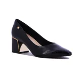 Zapato de tacón bajo Ramarim, color negro charol, con punta fina y detalle dorado en el tacón.