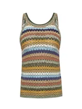 Musculosa de crochet con diseño a rayas horizontales multicolor, cuello redondo y breteles finos. Confeccionada en una mezcla de algodón orgánico, acrílico y lino orgánico.