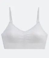 Soutien blanco de microfibra, estilo top alargado, con encaje en el escote, sin costuras, sin aro y con copas removibles.