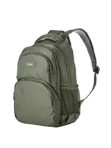 Mochila de diseño moderno y funcional en color verde militar, confeccionada en material resistente de acabado liso. Cuenta con un amplio compartimento principal con cierre, un bolsillo frontal de gran tamaño, bolsillos laterales de red elástica y correas ajustables acolchadas con material respirable en la parte trasera.