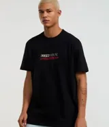 Remera negra de algodón con estampa en la espalda de un edificio de estilo japonés con un dragón enrollado y la inscripción "Inked Yokai".