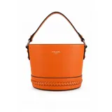 Cartera tipo bucket David Jones de cuero sintético color naranja, con diseño estructurado, base con detalle trenzado y asa corta para el hombro.