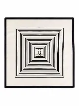 Pañuelo cuadrado de diseño geométrico en blanco y negro, con borde negro y patrón de líneas concéntricas que enmarcan un isotipo central.