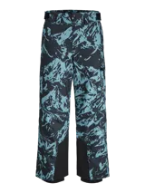 Pantalón técnico de ski impermeable y cortaviento, con diseño estampado de montañas en tonos azul y negro. Cuenta con cierre frontal, bolsillos laterales con cremallera, refuerzos en la parte inferior y polainas internas para protección contra la nieve.