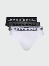Pack de tres slips Hugo Boss en color negro, gris y blanco, con cintura elástica con logo de la marca.