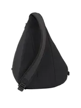 Cartera cruzada de nailon color negro con diseño triangular y acabado texturizado. Presenta un compartimento principal con cierre de cremallera, un bolsillo exterior frontal con cierre y el logo metálico de Tommy Hilfiger en la parte delantera.