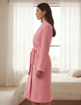Bata polar de mujer color rosado, de manga larga, con bolsillos frontales y lazo para ajustar en la cintura.