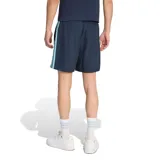 Short de baño Adidas color azul marino con las tres tiras características en celeste a los costados y logo de la marca estampado en el frente.