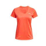 Remera deportiva Under Armour Tech Twist V-Neck de mujer, color naranja, con logo estampado en el pecho, corte holgado y tejido transpirable de secado rápido.
