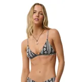 Corpiño de bikini Rip Curl modelo Samba Stripe Fixed Tri, con diseño triangular y estampado en blanco y negro de estilo étnico.