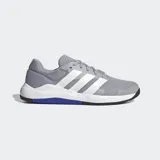 Championes de entrenamiento Adidas Dropset Base, color gris con las tres tiras clásicas en blanco y detalles en azul y negro en la suela. Confeccionados en malla transpirable con cordones y suela plana para mayor estabilidad.