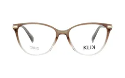 Armazón de lentes de receta marca Klik, modelo 113AD, con diseño estilo cat-eye en color marrón traslúcido con degradado hacia transparente en la parte inferior y detalles metálicos en los extremos.