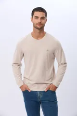 Remera manga larga lisa, color gris claro, con cuello redondo y logo bordado en el pecho.