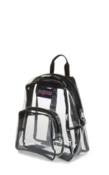 Mochila mini transparente de la marca JanSport con ribetes y correas en color lila pastel. Cuenta con un compartimento principal y un bolsillo frontal con cierre.